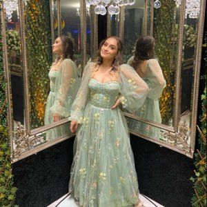 Sage Green Floral Embroidered Tulle Midi Dress